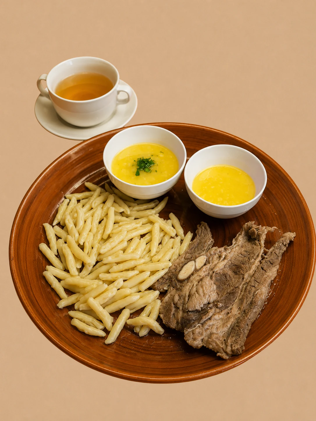 Галушки с отварной говядиной, соусами и чаем